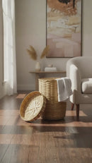 Cesto De Bambu Redondo Com Tampa Com Pé Decoração Roupa 70cm